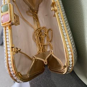 Judith Leiber crystal small , pink and green tourmaline closure. and gold chain.